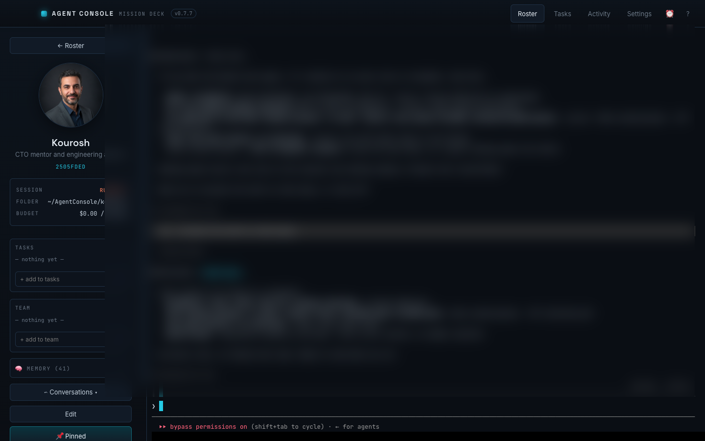 An open agent session: a live terminal alongside the agent's role, budget, and conversation history