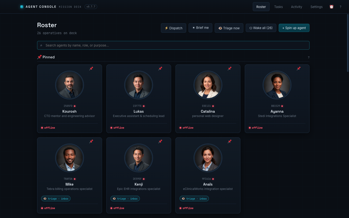 Agent Console roster: cards for each AI agent with portrait, role, and live status