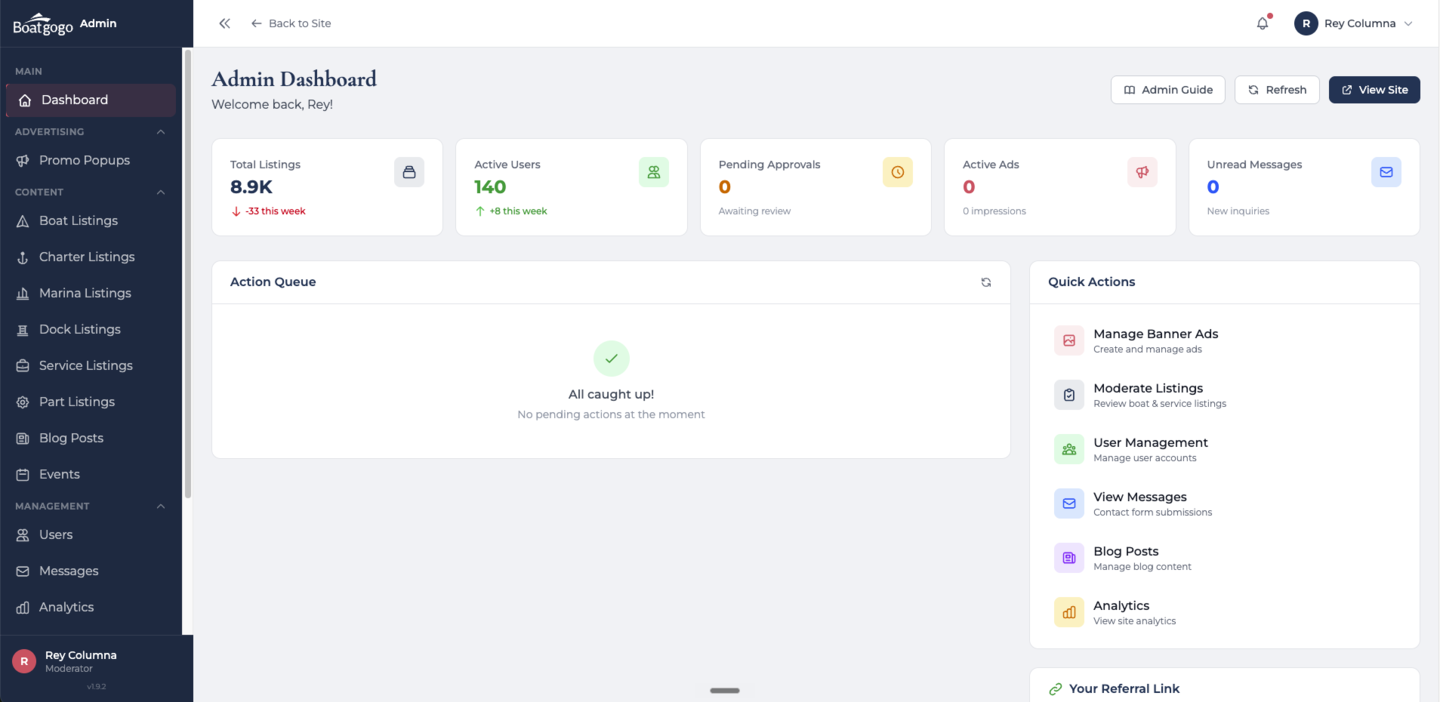 Admin dashboard with total listings, active users, pending approvals, action queue, and quick actions