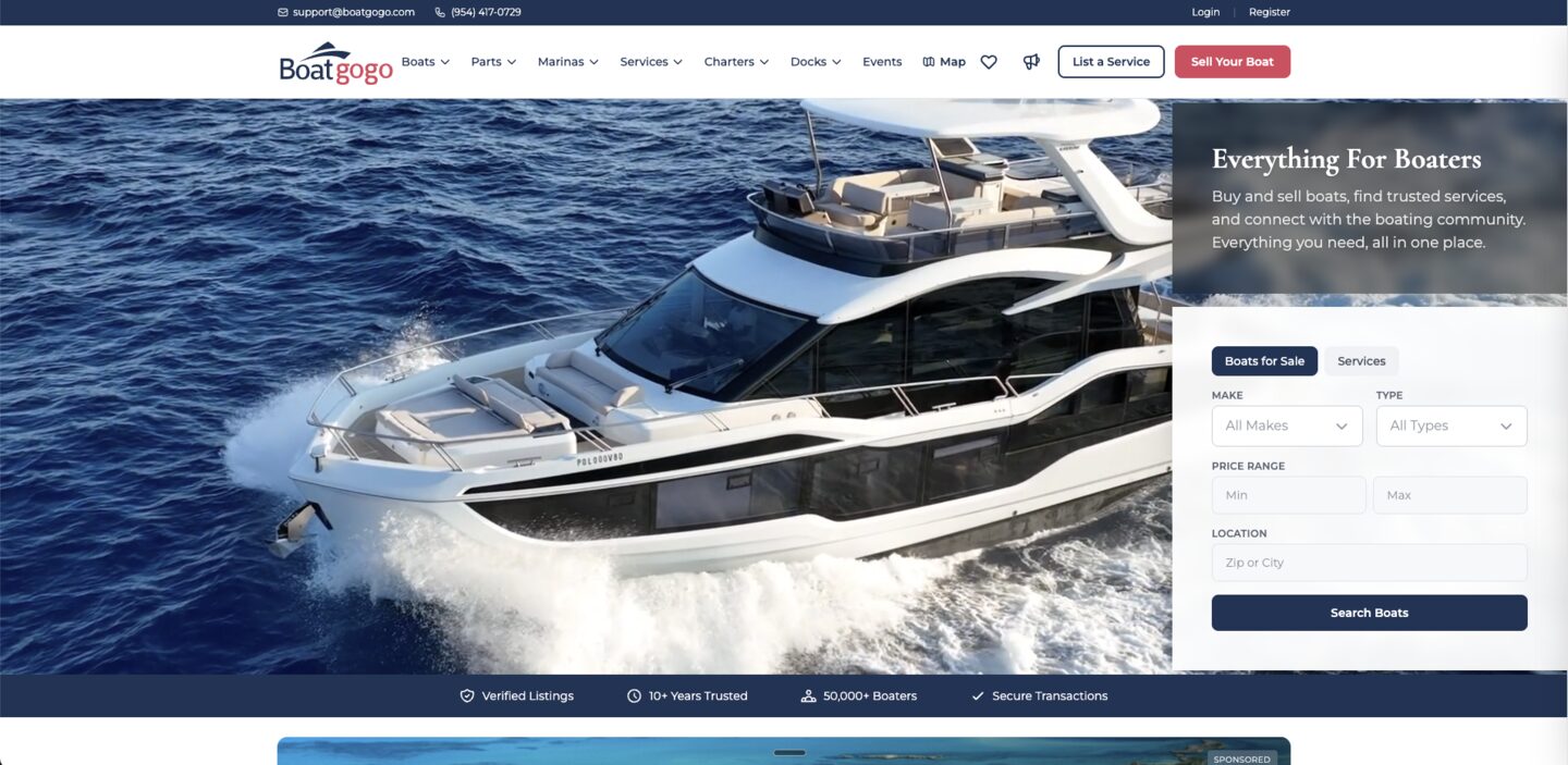 BoatGoGo marketplace homepage with search, featured boats, and services