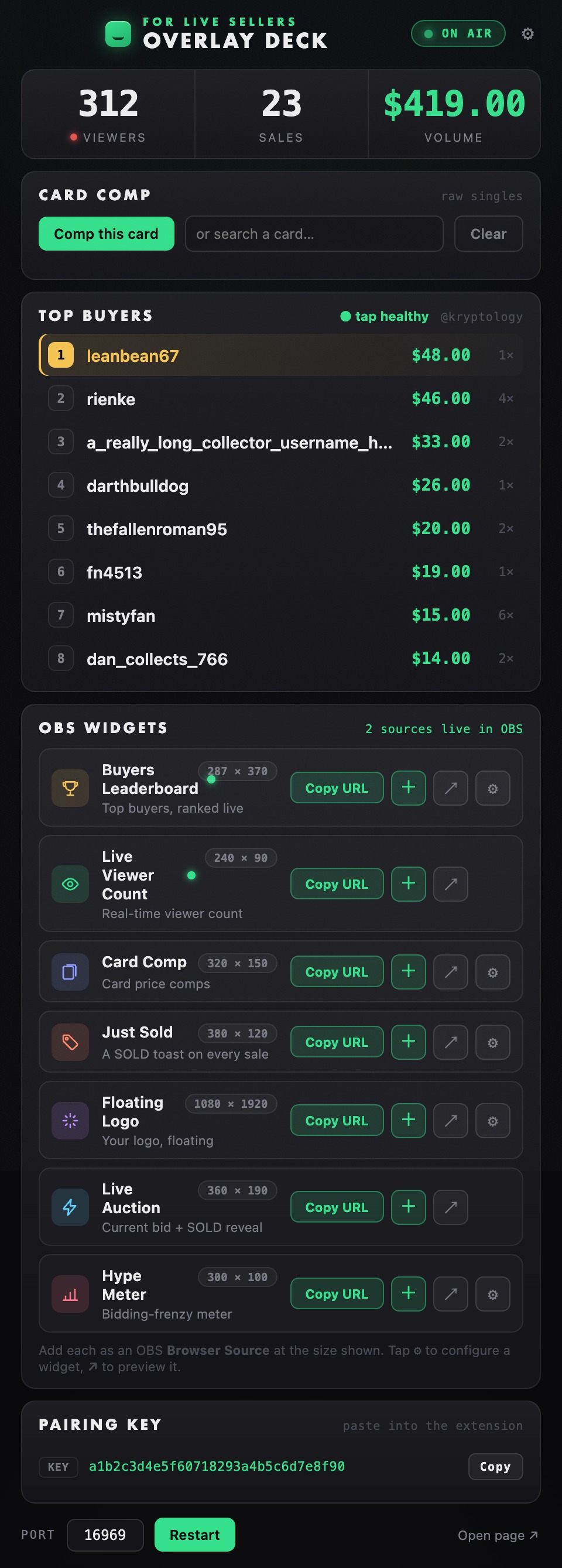 Overlay Deck control panel: live viewers, sales, volume, buyers leaderboard, and OBS widget list