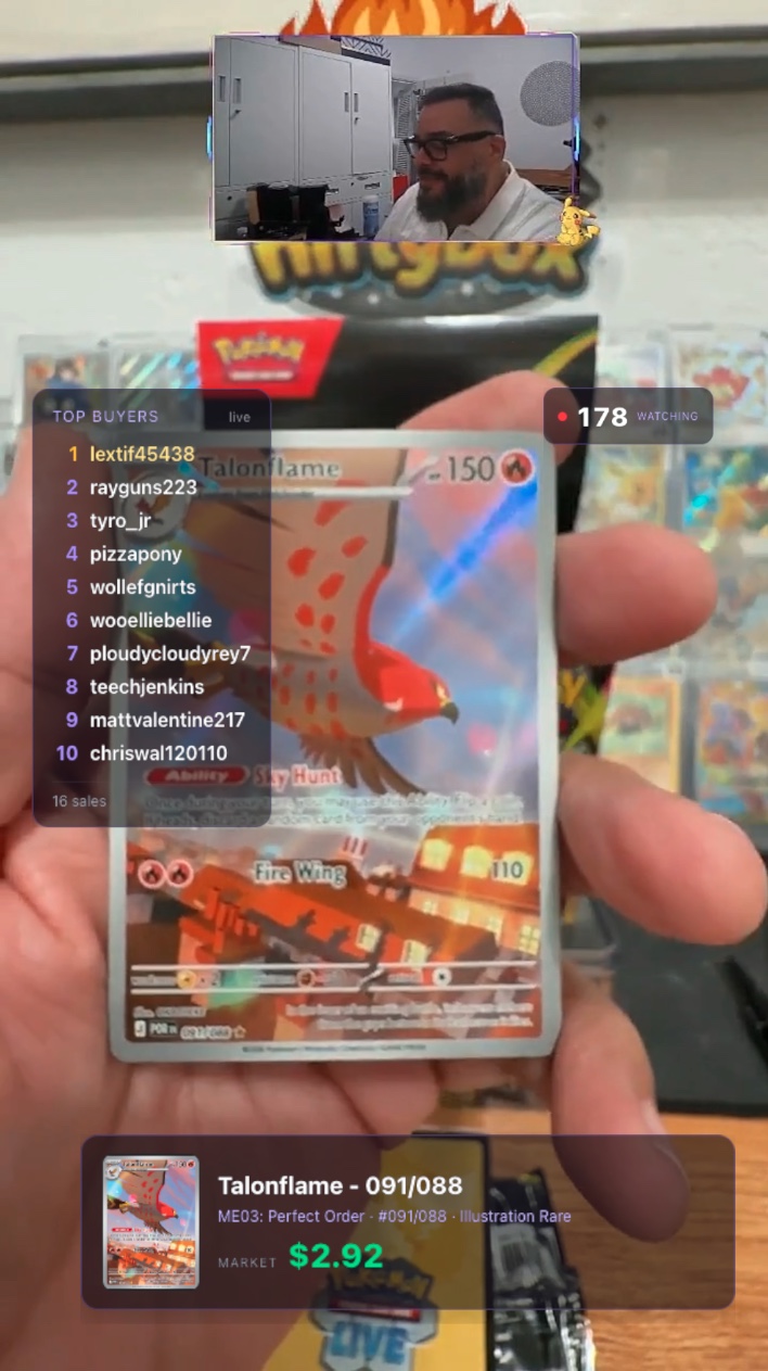 Overlay Deck overlays live on a card-selling stream: buyers leaderboard, viewer count, and a sold reveal