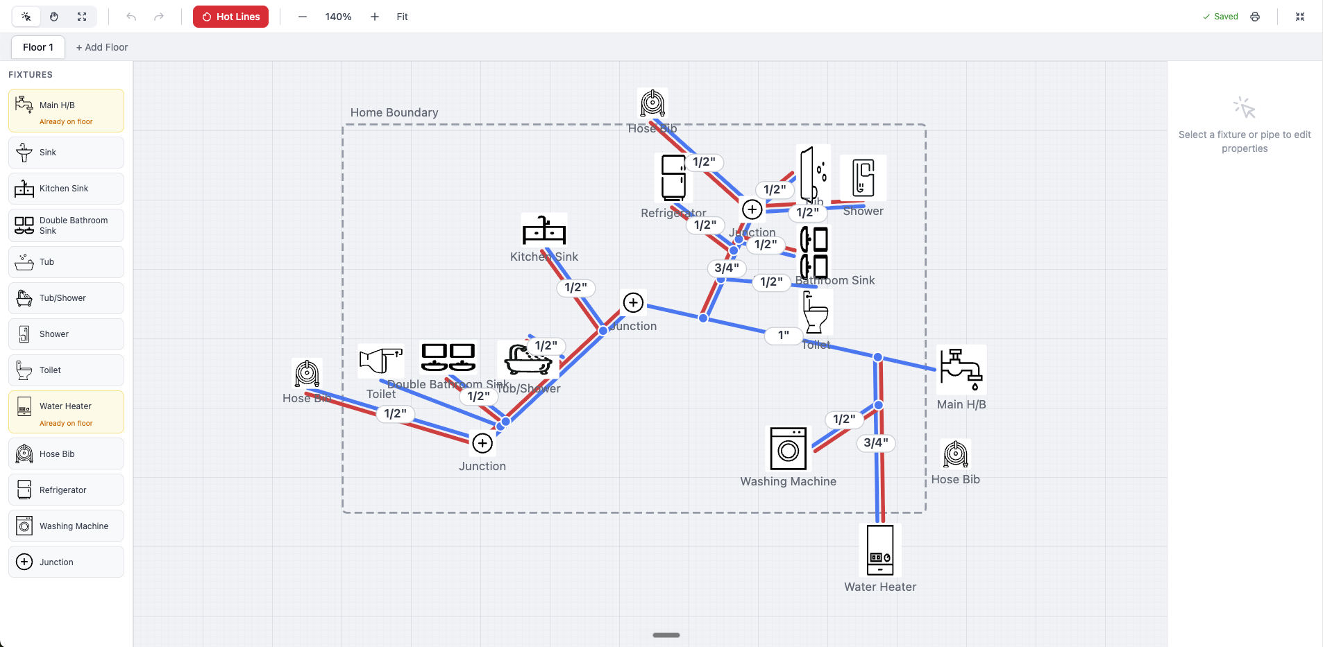 Visual pipe-layout planner: a floor plan with fixtures and color-coded pipe routing